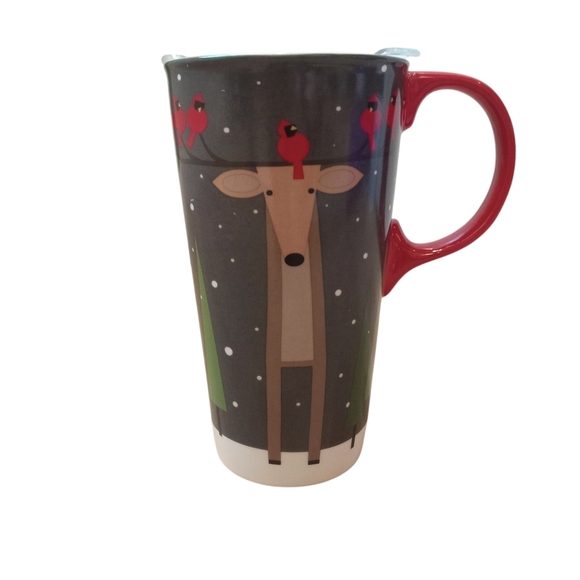 Evergreen Ceramic Travel Cup 17 oz Deer Snow Cardinals Clear Lid - Picture 1 of 8